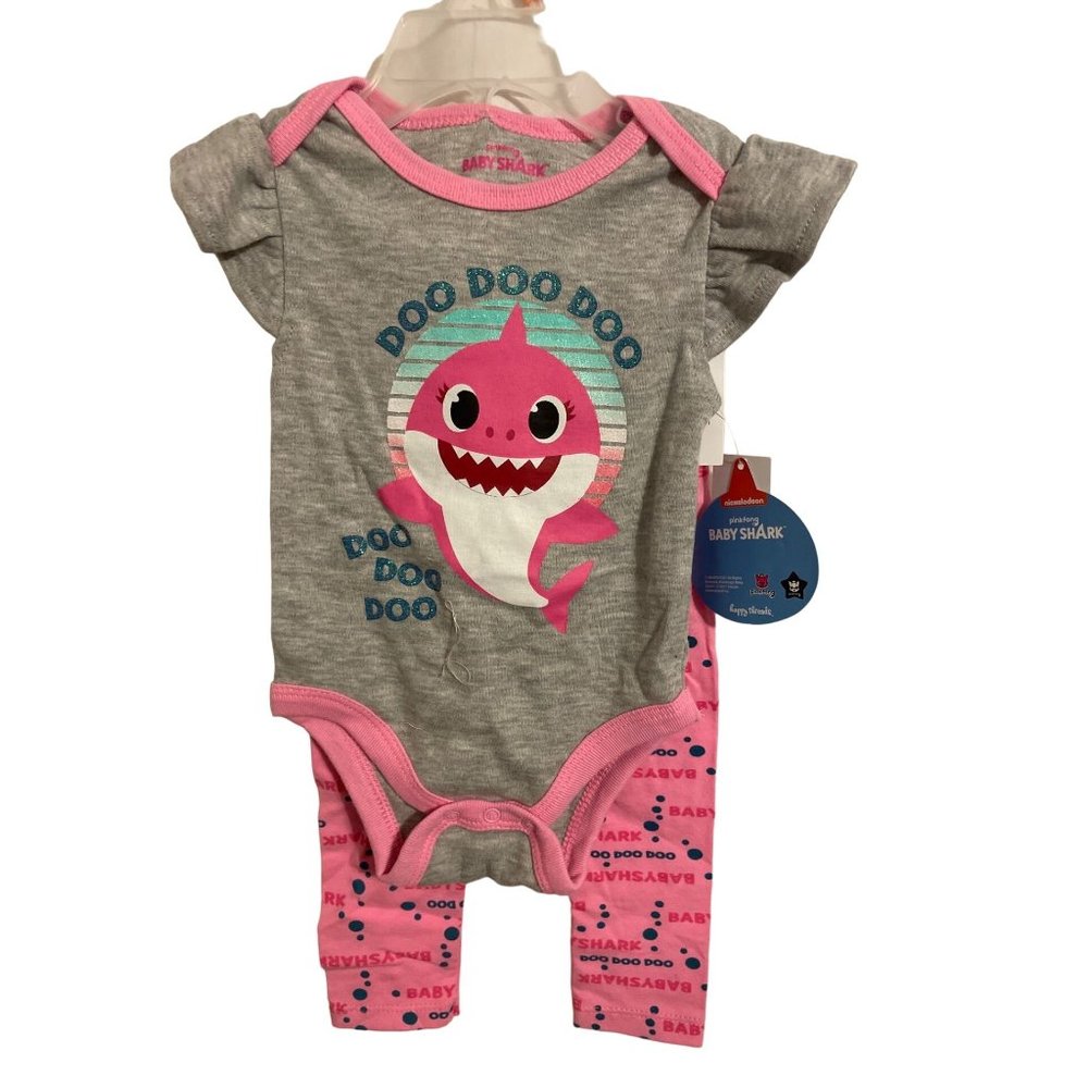 New Born Girl's Baby Shark 3Pc Set w/ Headband -  Pink Fong Baby Shark Gray/Pink